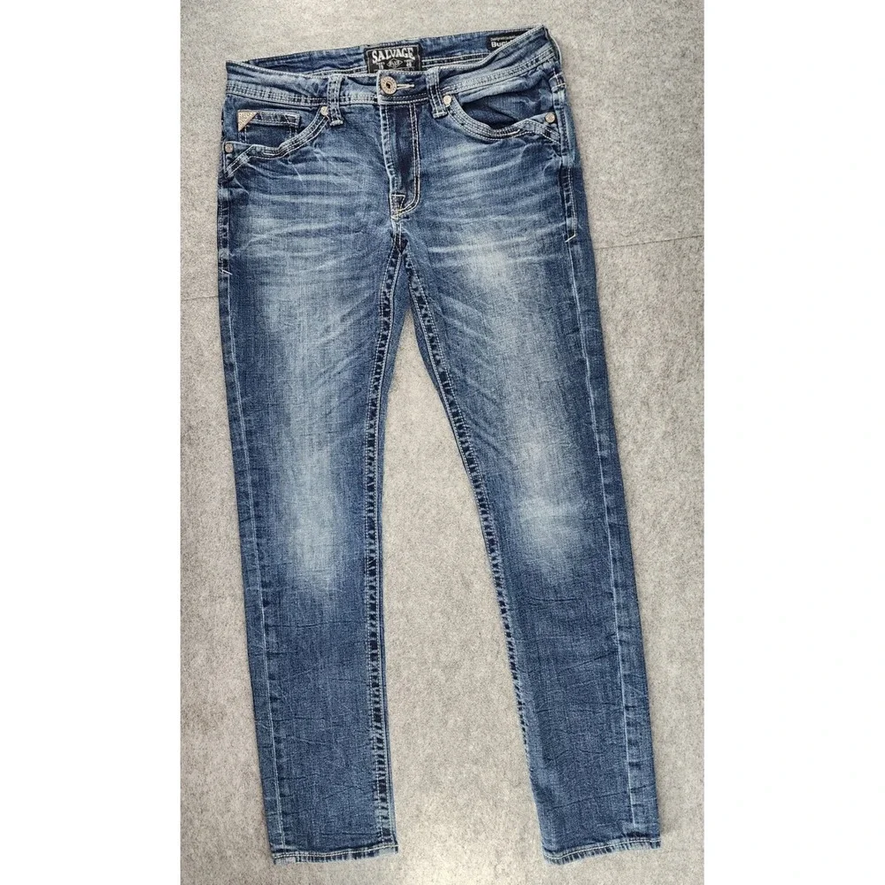 Salvage Mayhem Skinny Blue Distressed Buckle Whiskered Jeans Mens 30x30